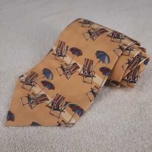 Hawaiian Tropic Beach Motif Silk Men's Tie in Tan and Blue Chair And Umbrella